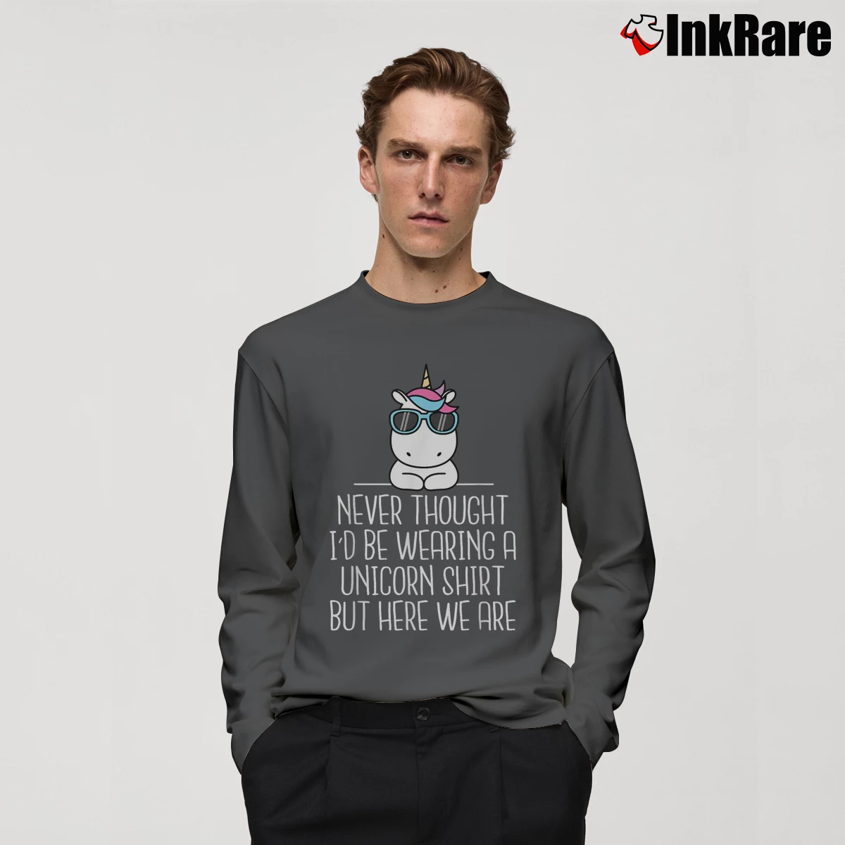 Men’s Never Thought I'd Be Wearing A Unicorn Long-Sleeve Shirt in charcoal | Sleek, Lightweight, Year-Round Wear