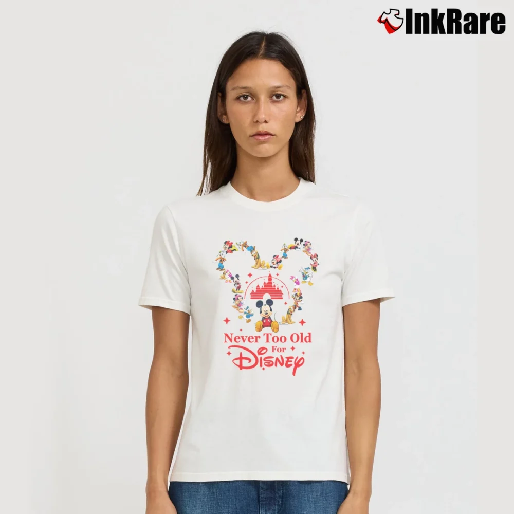 Women’s Never Too Old For Disney Mickey Mouse Fans Signature T-Shirt in white | Soft, Flattering Fit
