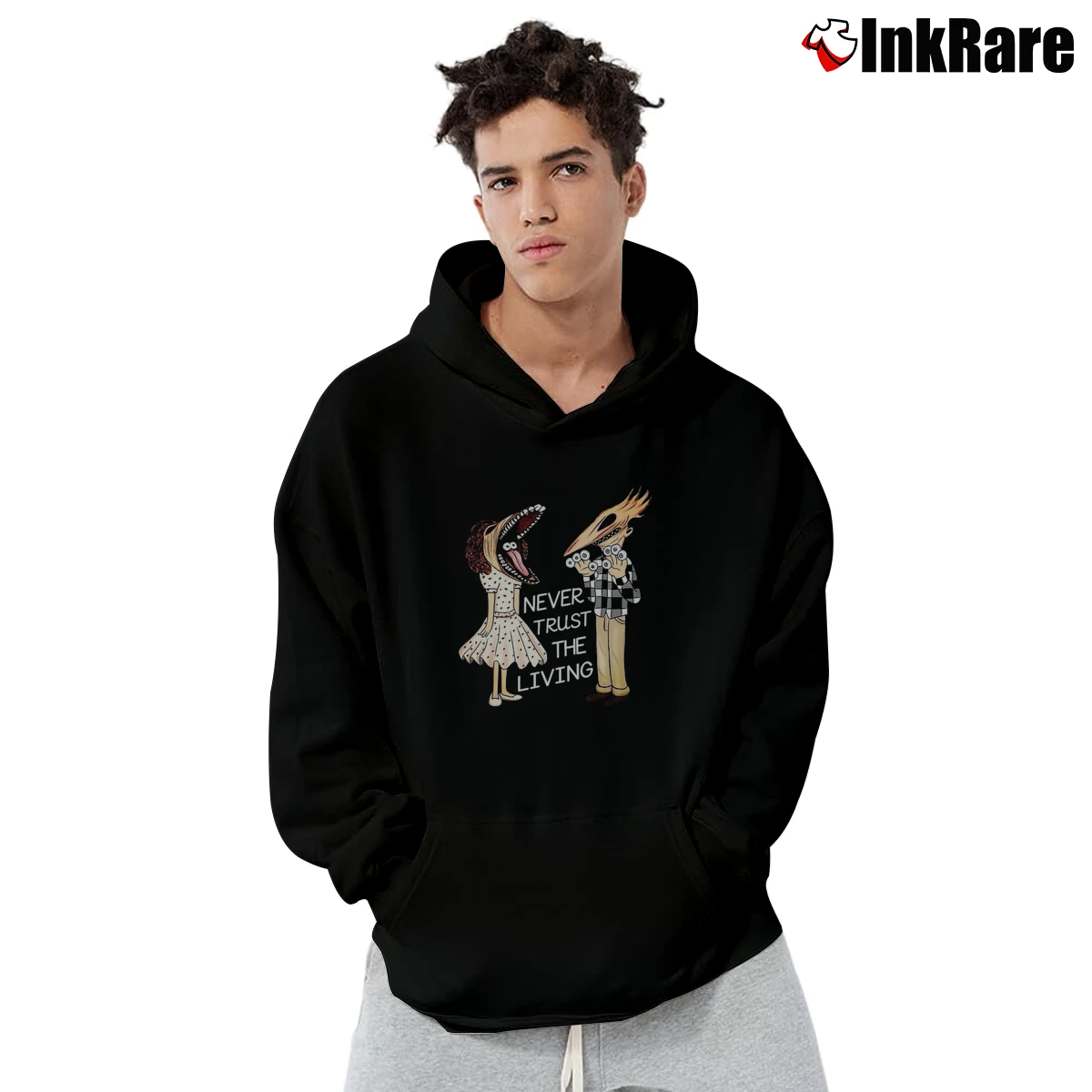 Never Trust The Living Adam And Barbara Beetlejuice Men’s Pullover Hoodie in black – Ultimate Warmth Men’s Never Trust The Living Adam And Barbara Beetlejuice Pullover Hoodie in black | Cozy, Durable, Modern Fit