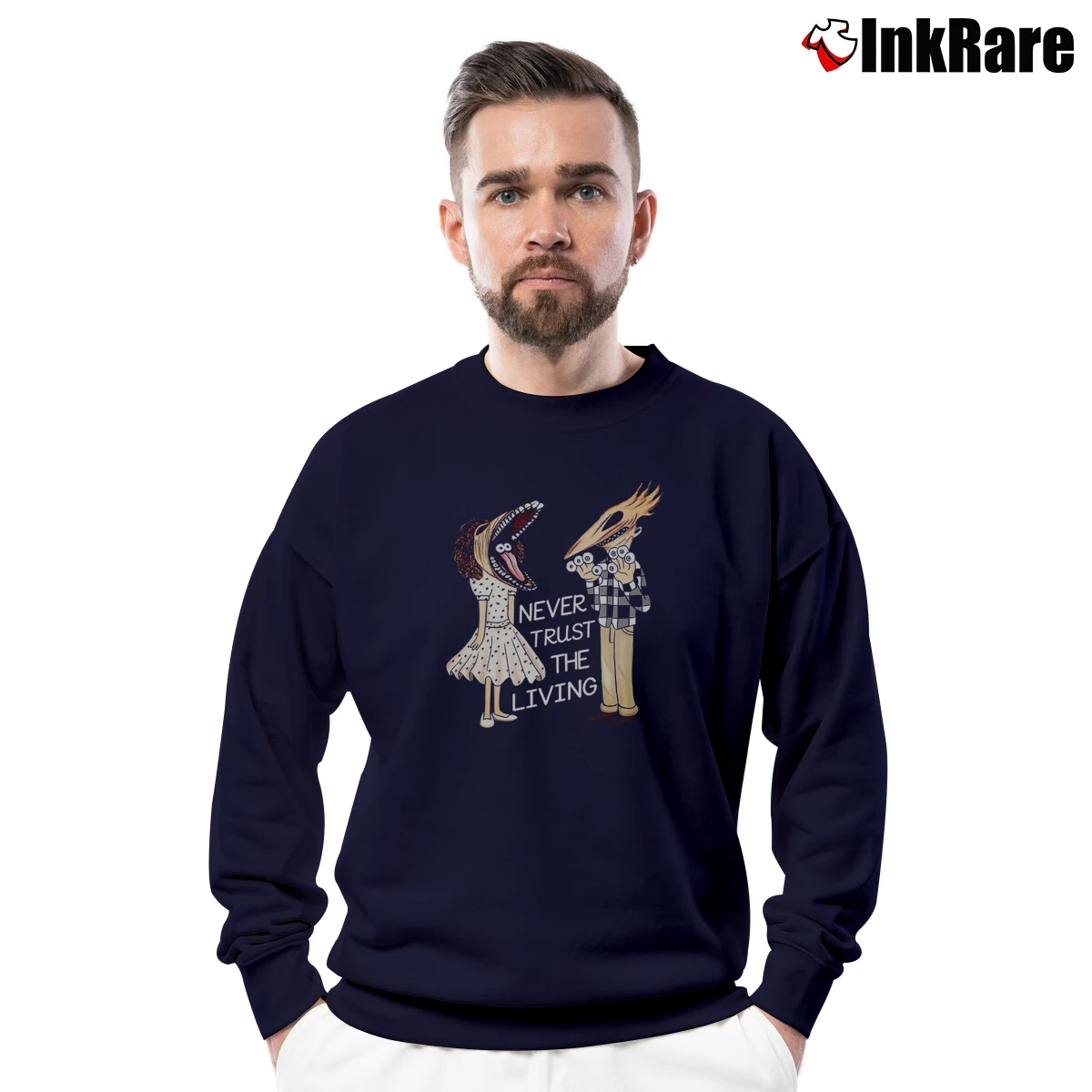 Never Trust The Living Adam And Barbara Beetlejuice Men’s Crewneck Sweatshirt in navy – Soft & Durable Men’s Never Trust The Living Adam And Barbara Beetlejuice Crewneck Sweatshirt in navy | Cozy Fabric, Clean Style