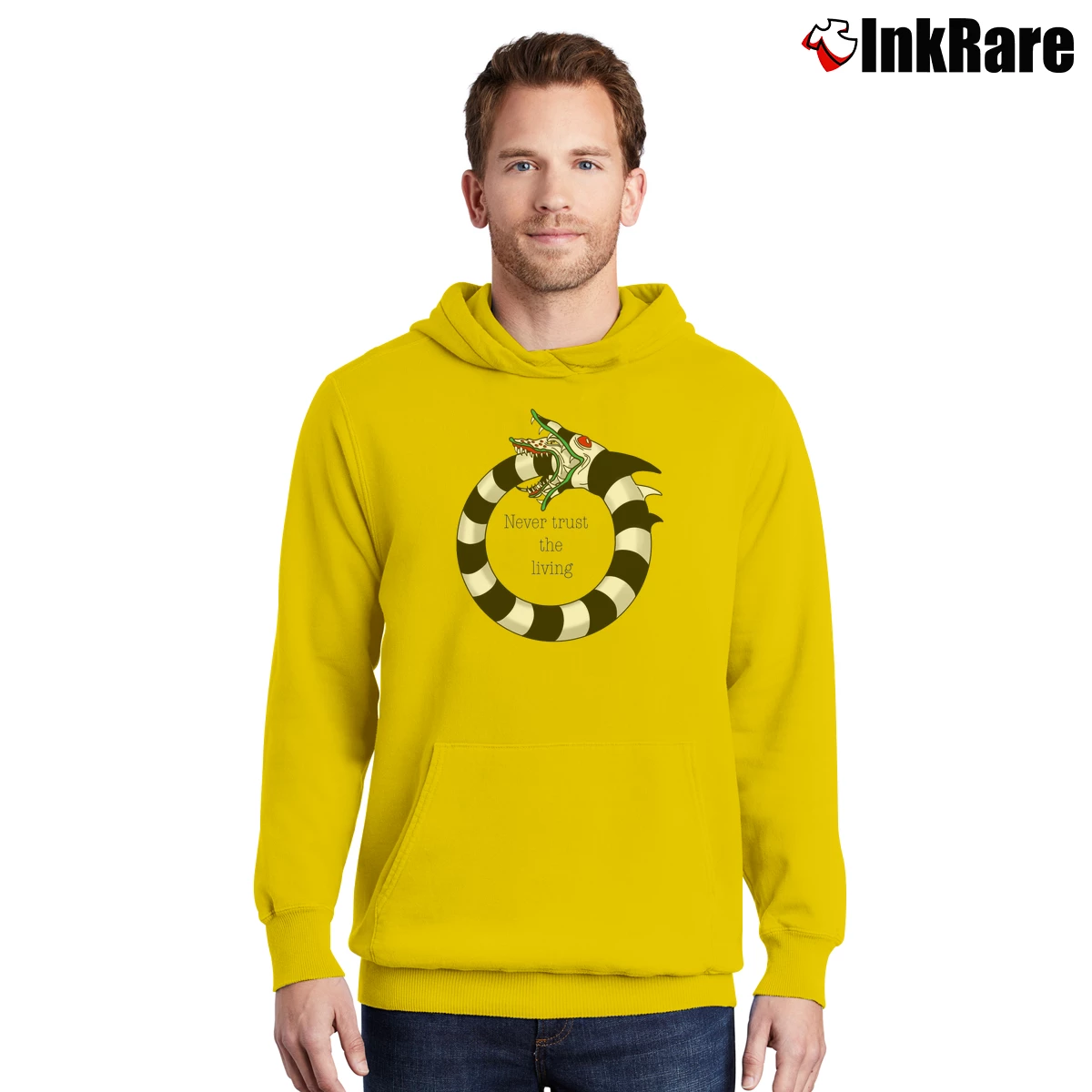 Never Trust The Living Beetlejuice Sandworm Men’s Pullover Hoodie in yellow – Ultimate Warmth Men’s Never Trust The Living Beetlejuice Sandworm Pullover Hoodie in yellow | Cozy, Durable, Modern Fit