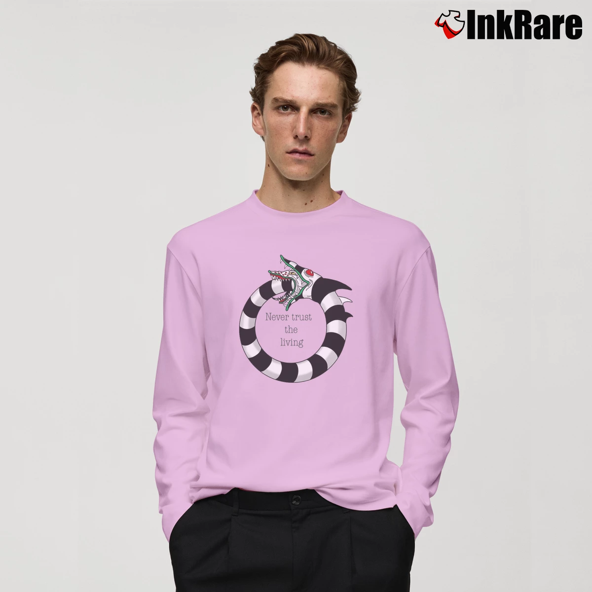 Never Trust The Living Beetlejuice Sandworm Men’s Long-Sleeve Tee in light pink – Versatile Layering Men’s Never Trust The Living Beetlejuice Sandworm Long-Sleeve Shirt in light pink | Sleek, Lightweight, Year-Round Wear