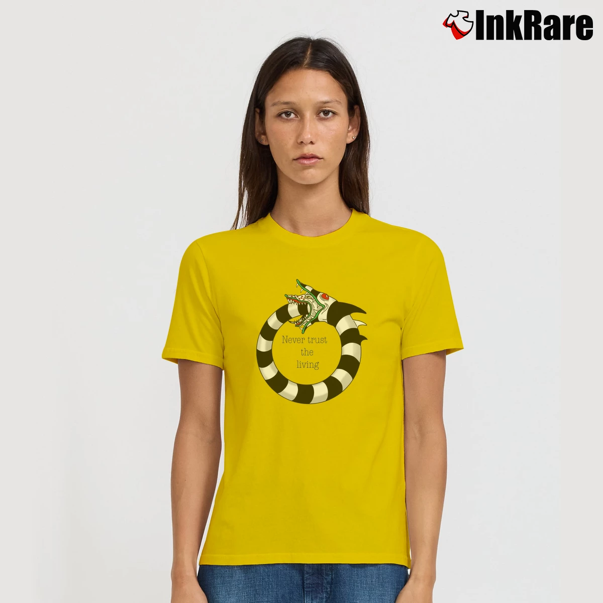 Never Trust The Living Beetlejuice Sandworm Women’s Tee in yellow – Effortless Style Women’s Never Trust The Living Beetlejuice Sandworm T-Shirt in yellow | Soft, Flattering Fit
