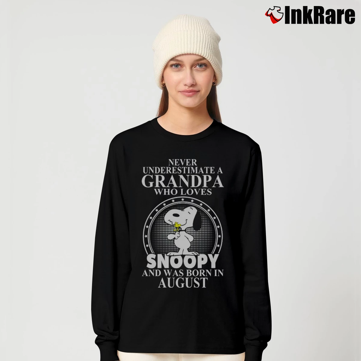 Women’s Never Underestimate A Grandpa Who Loves Snoopy And Was Born In August Long-Sleeve Top in black | Sleek, Versatile, All-Season