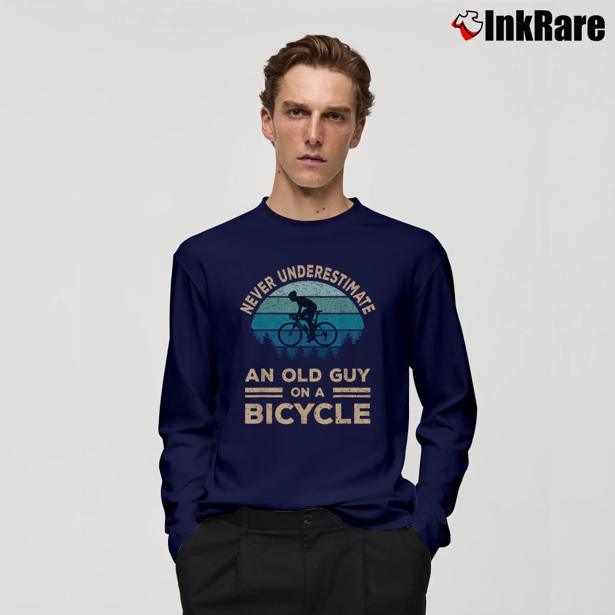 Men’s Never Underestimate An Old Guy On A Bicycle Long-Sleeve Shirt in navy | Sleek, Lightweight, Year-Round Wear
