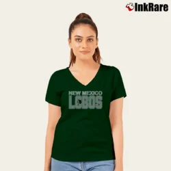 Women’s New Mexico Lobos University Mascot 80s Red V-Neck Tee in forest green | Chic Neckline, Soft Texture