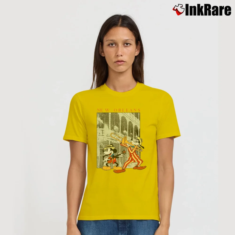 Women’s New Orleans Disney Magic Kingdom Mickey Goofy Disney Signature T-Shirt in yellow | Soft, Flattering Fit