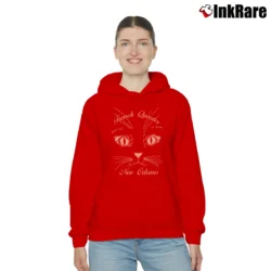 Women’s New Orleans French Quarter Green Cat Face Cozy Hoodie in red | Warm, Structured, Stylish