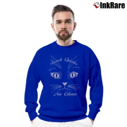 Men’s New Orleans French Quarter Green Cat Face Crewneck Sweatshirt in royal blue | Cozy Fabric, Clean Style