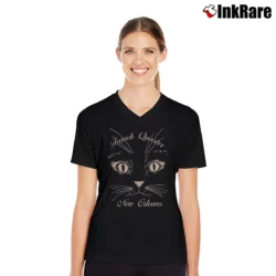 Women’s New Orleans French Quarter Green Cat Face V-Neck Tee in black | Chic Neckline, Soft Texture