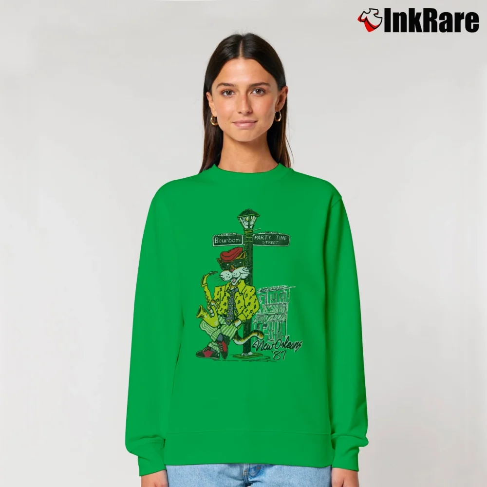 Women’s New Orleans Jazz Cat Bourbon Street Relaxed Sweatshirt in irish green | Soft, Laid-Back Vibe