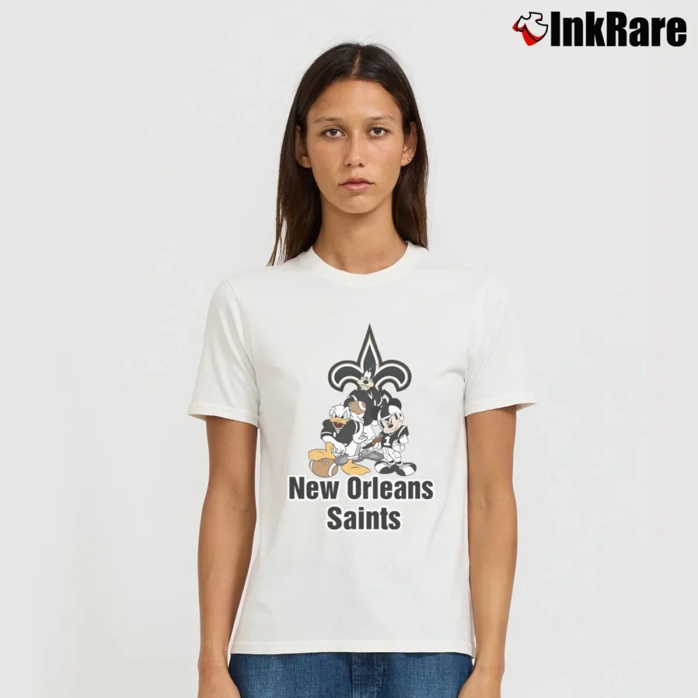 Women’s New Orleans Saints Mickey Mouse Donald Goofy Signature T-Shirt in white | Soft, Flattering Fit