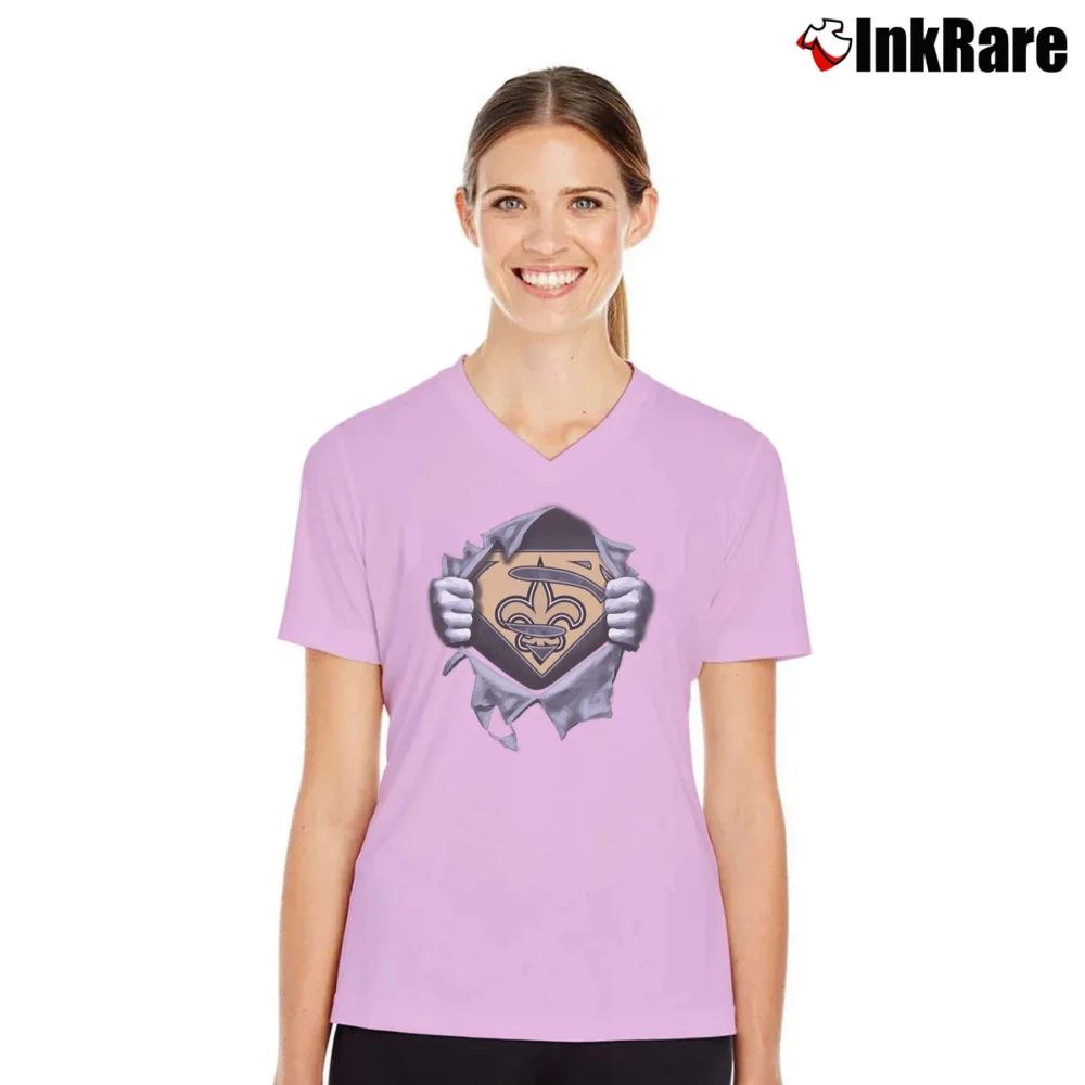Women’s New Orleans Saints x Superman Marvel Logo V-Neck Tee in light pink | Chic Neckline, Soft Texture