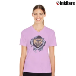 Women’s New Orleans Saints x Superman Marvel Logo V-Neck Tee in light pink | Chic Neckline, Soft Texture