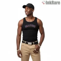 New York Beasties Arched Logo Script Shirt on black tank top for men graphic tee