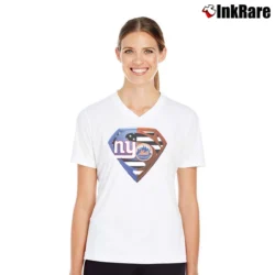 Women’s New York Giants And New York Mets Superman MLB Fan V-Neck Tee in white | Chic Neckline, Soft Texture