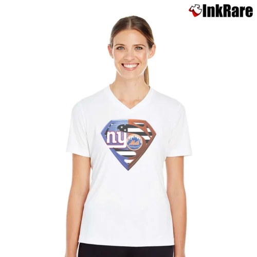 New York Giants And New York Mets Superman MLB Fan Women’s V-Neck Tee in white – Flattering Fit Women’s New York Giants And New York Mets Superman MLB Fan V-Neck Tee in white | Chic Neckline, Soft Texture