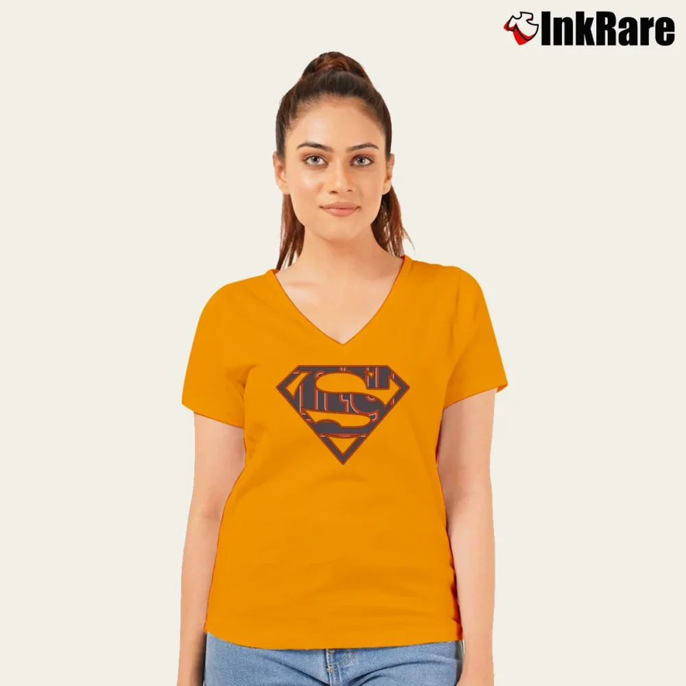 Women’s New York Giants Superman Logo Graphic Fan V-Neck Tee in orange | Chic Neckline, Soft Texture