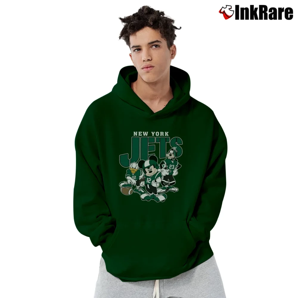 Men’s New York Jets Mickey Donald Goofy Football Pullover Hoodie in forest green | Cozy, Durable, Modern Fit