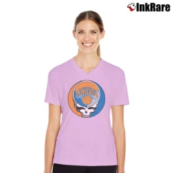 Women’s New York Knicks Basketball Grateful Dead for Music and Sports Fans V-Neck Tee in light pink | Chic Neckline, Soft Texture