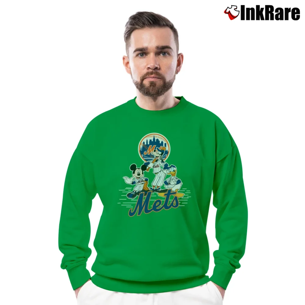 Men’s New York Mets Mickey Donald Goofy Baseball Fan Crewneck Sweatshirt in irish green | Cozy Fabric, Clean Style