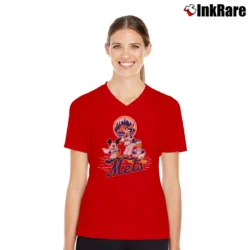 Women’s New York Mets Mickey Donald Goofy Baseball Fan V-Neck Tee in red | Chic Neckline, Soft Texture