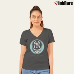 Women’s New York Yankees Grateful Dead Steal Your Base V-Neck Tee in charcoal | Chic Neckline, Soft Texture