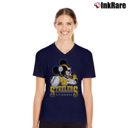Women’s NFL Pittsburgh Steelers Mickey Mouse Football Fan V-Neck Tee in navy | Chic Neckline, Soft Texture