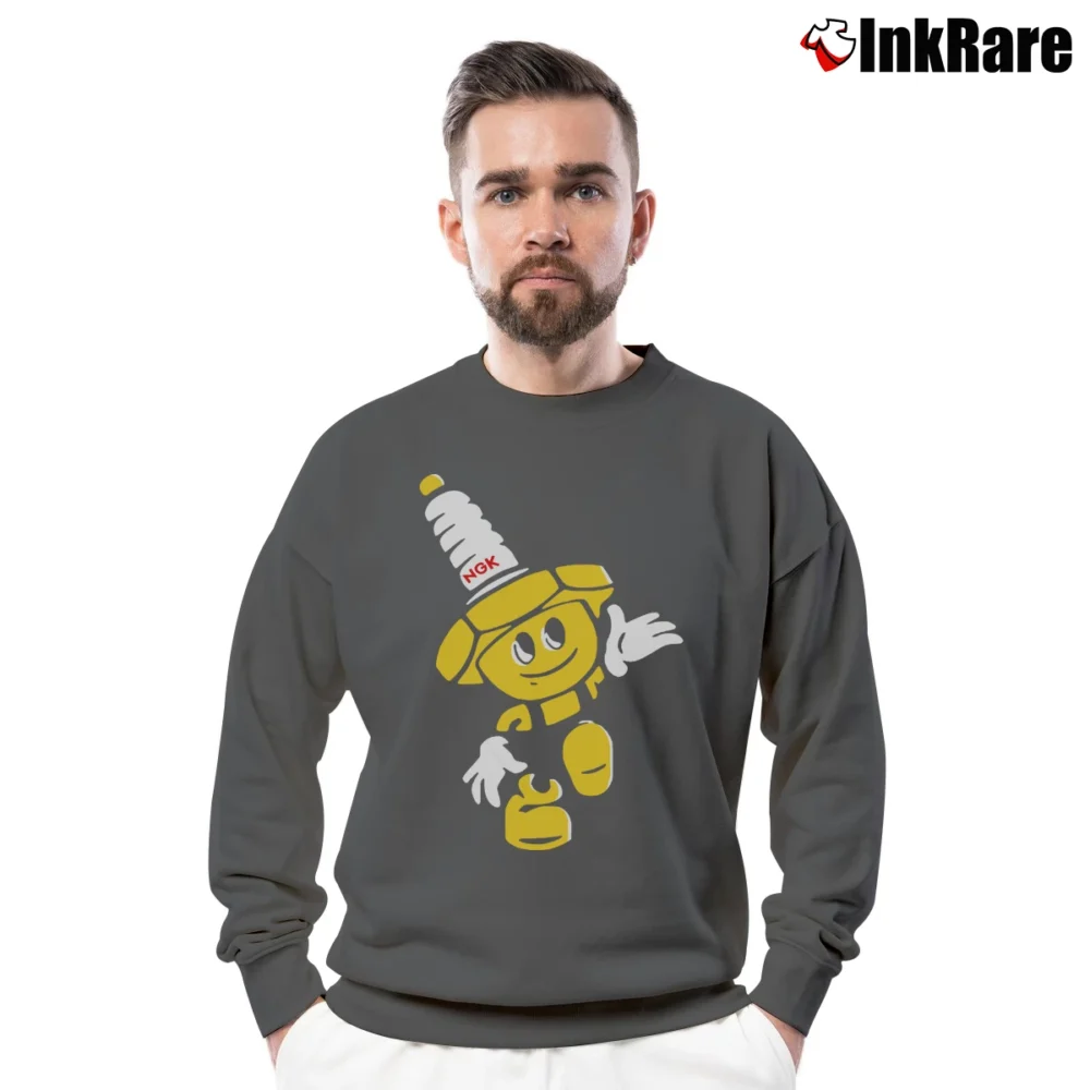 Men’s NGK Spark Plugs Mascot Graphic Crewneck Sweatshirt in charcoal | Cozy Fabric, Clean Style