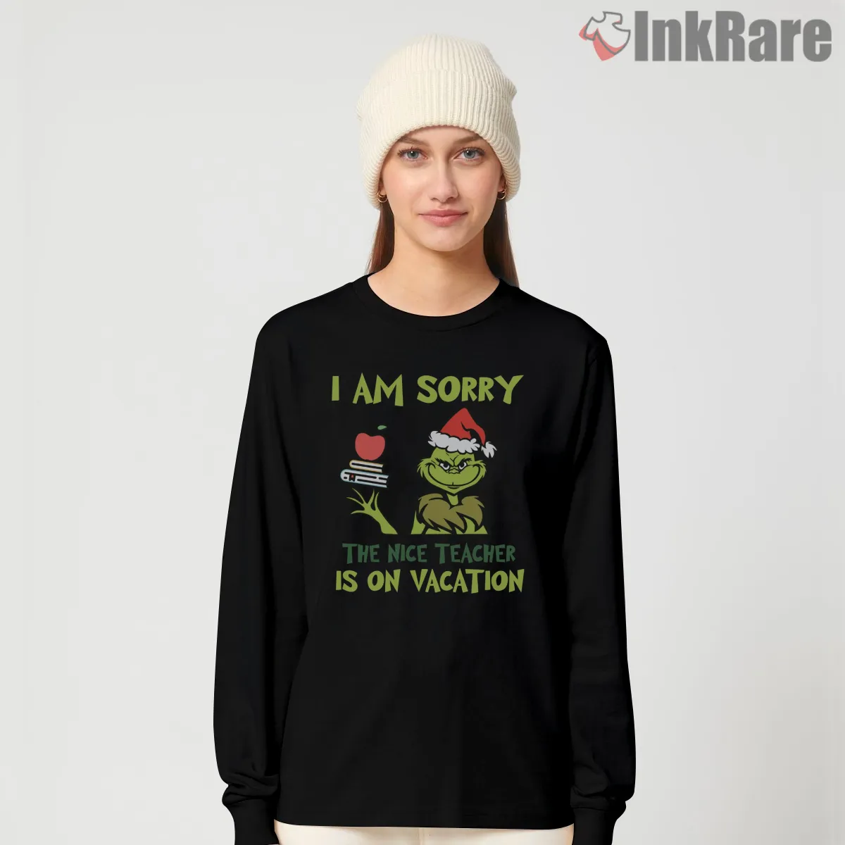 Nice Teacher Is On Vacation Grinch Christmas Long Sleeve Black Nice Teacher Is On Vacation Grinch Christmas Shirt on black long sleeve shirt for women graphic tee