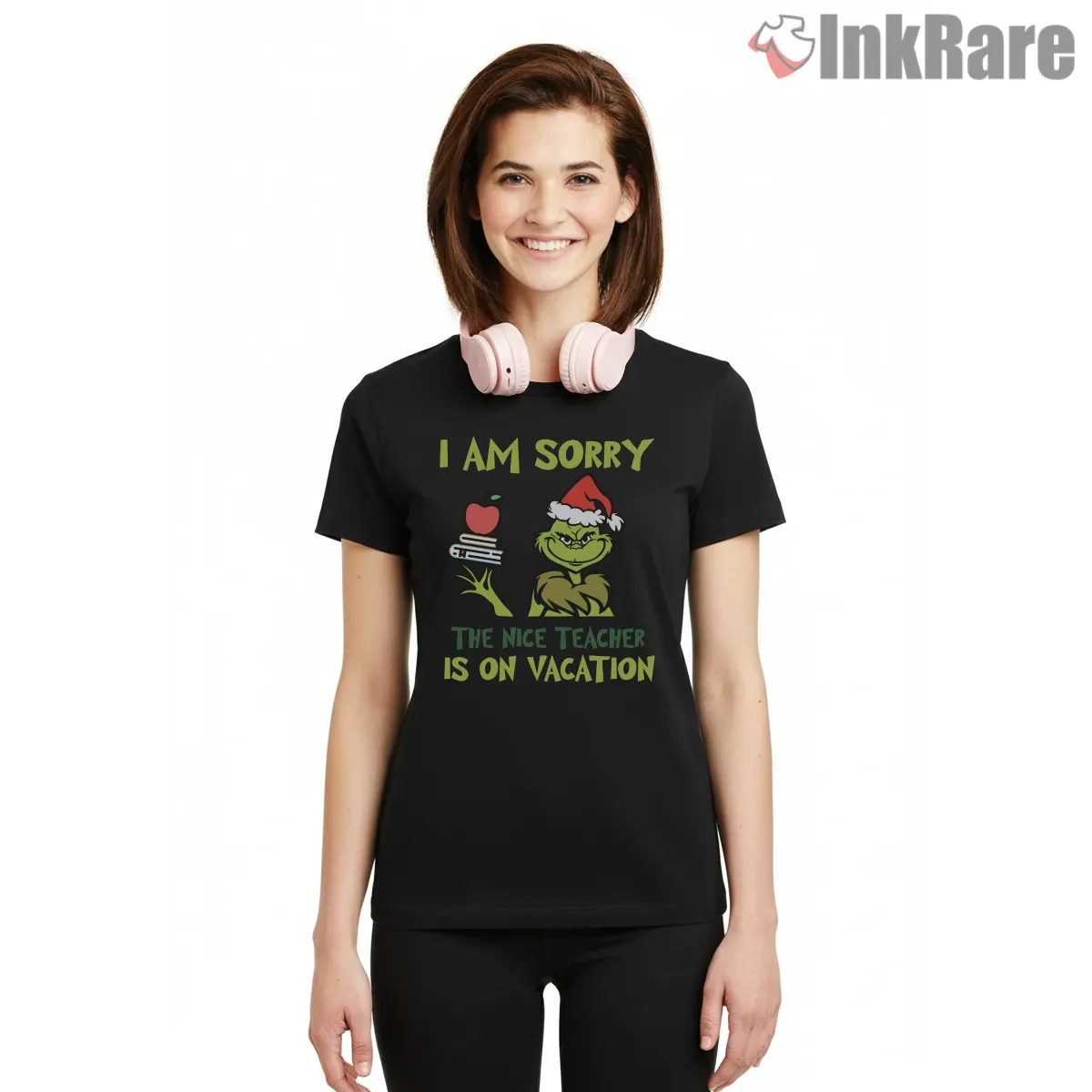 Nice Teacher Is On Vacation Grinch Christmas Short Sleeve Black Nice Teacher Is On Vacation Grinch Christmas Shirt on black short sleeve shirt for women graphic tee