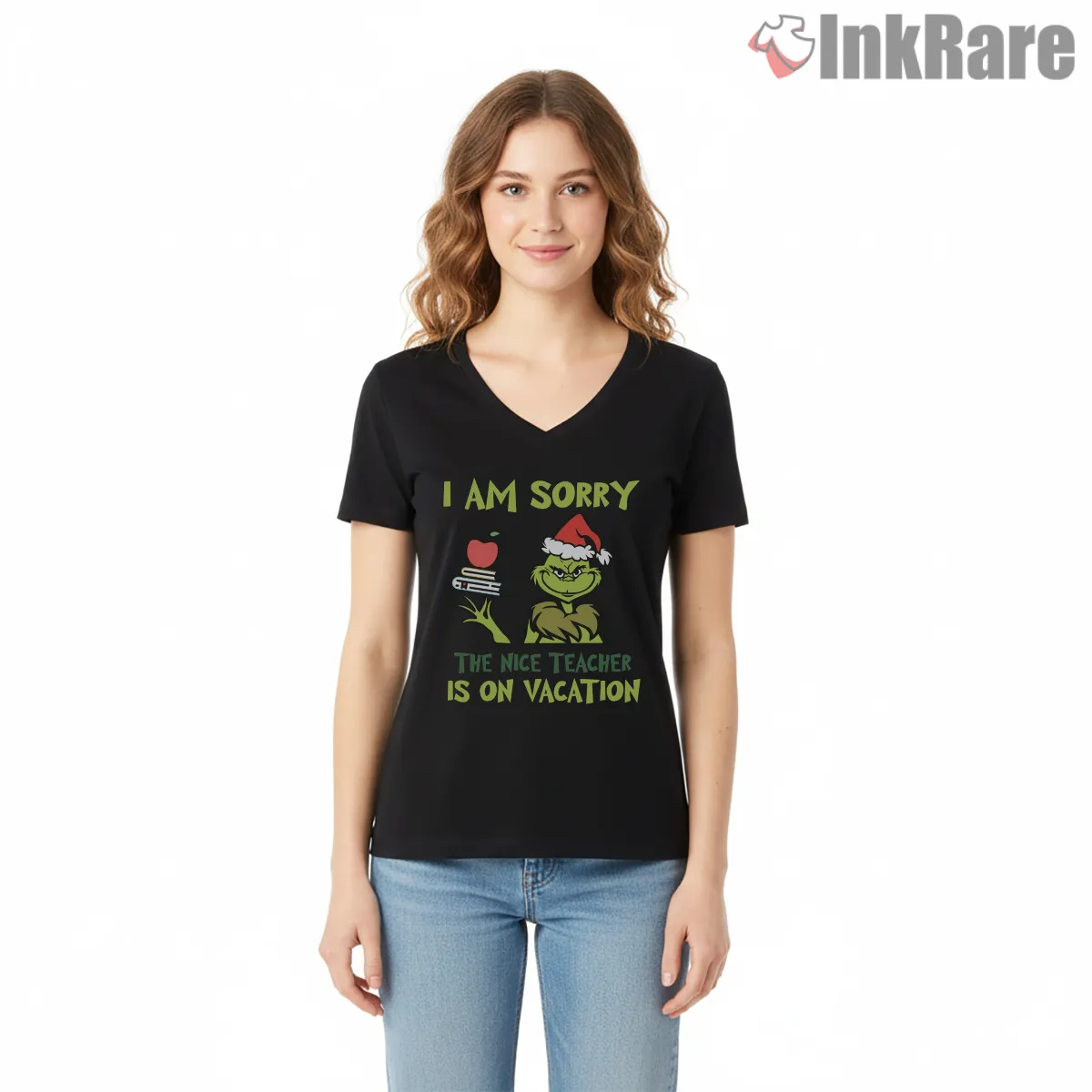 Nice Teacher Is On Vacation Grinch Christmas V Neck Black Nice Teacher Is On Vacation Grinch Christmas Shirt on black v-neck shirt for women graphic tee