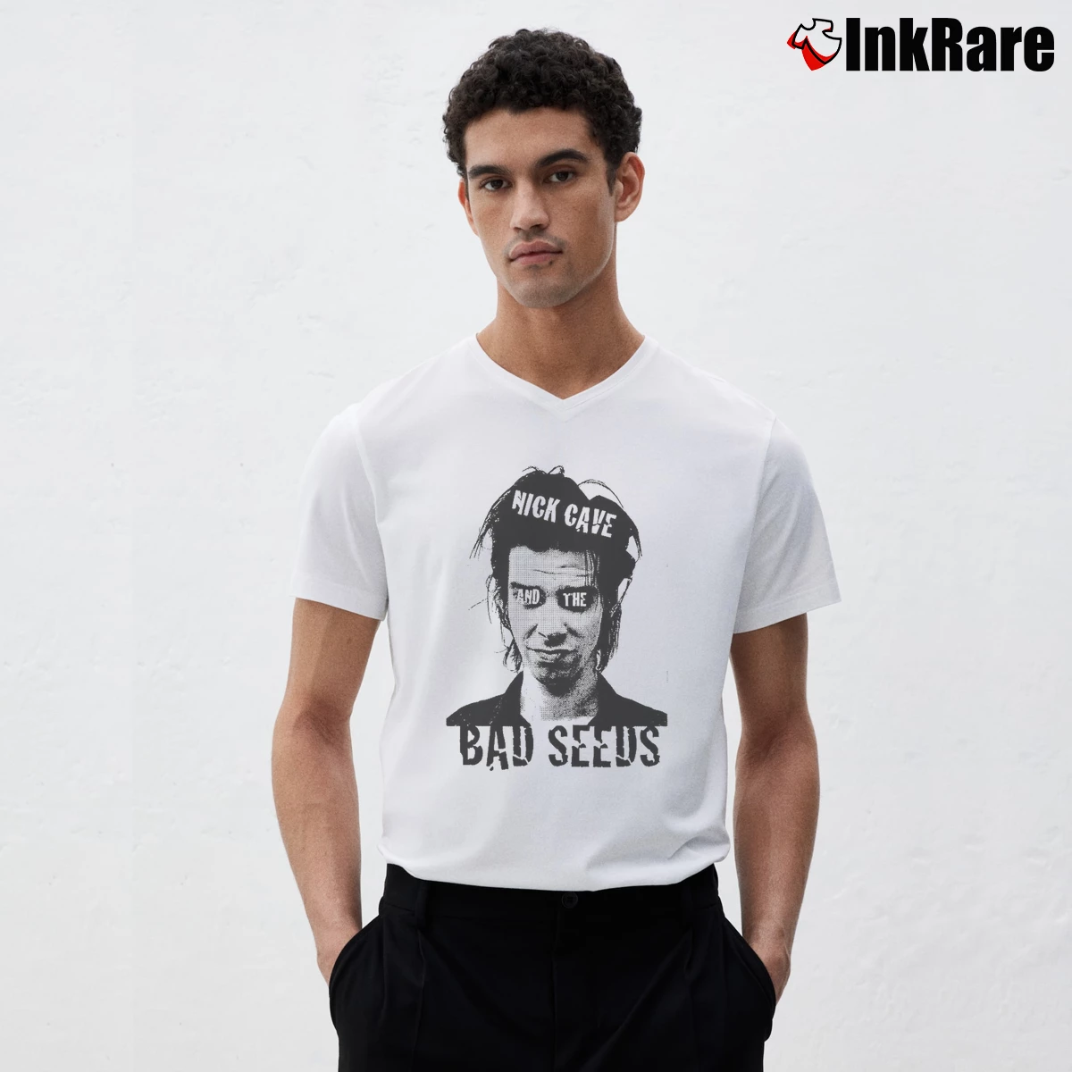 Men’s Nick Cave And The Bad Seeds Band Music V-Neck Tee in white | Sharp, Breathable, Everyday Staple