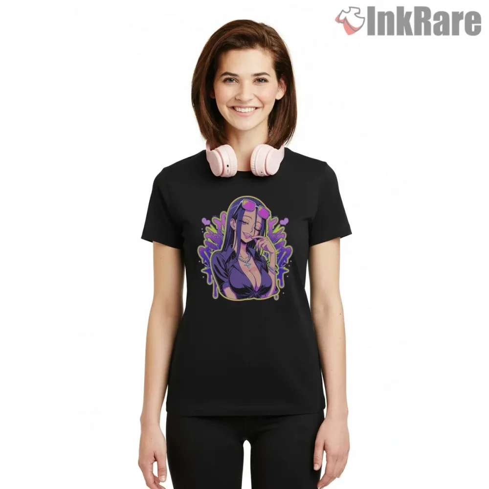 Nico Robin Elegant Scholar Anime Portrait Shirt on black short sleeve shirt for women graphic tee