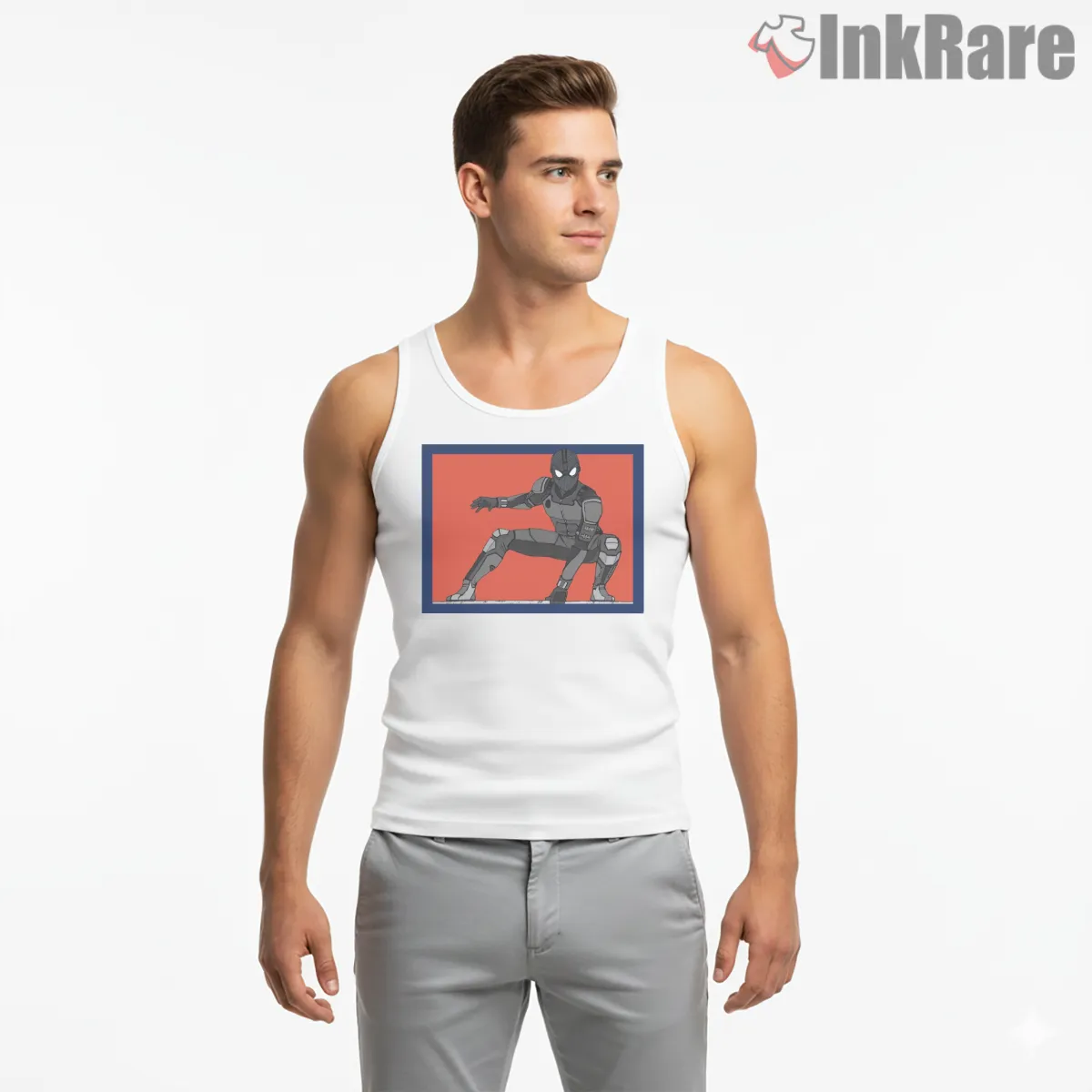 Night Monkey Stealth Suit Minimal Action Tank Top White Night Monkey Stealth Suit Minimal Action Shirt on white tank top for men graphic tee