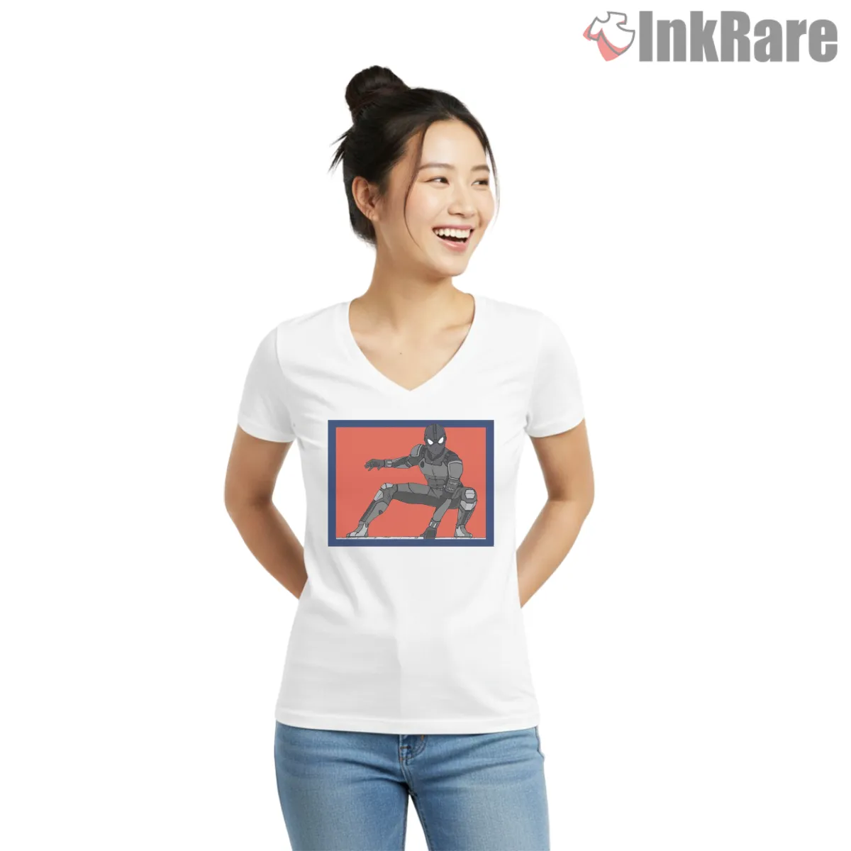 Night Monkey Stealth Suit Minimal Action Shirt on white v-neck shirt for women graphic tee