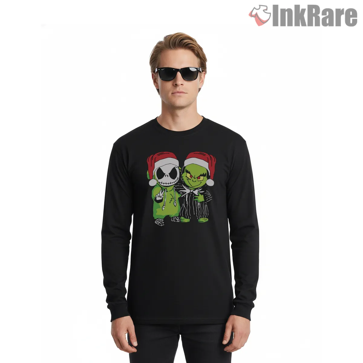 Nightmare Before Grinchmas Holiday Duo Long Sleeve Black Nightmare Before Grinchmas Holiday Duo Shirt on black long sleeve shirt for men graphic tee