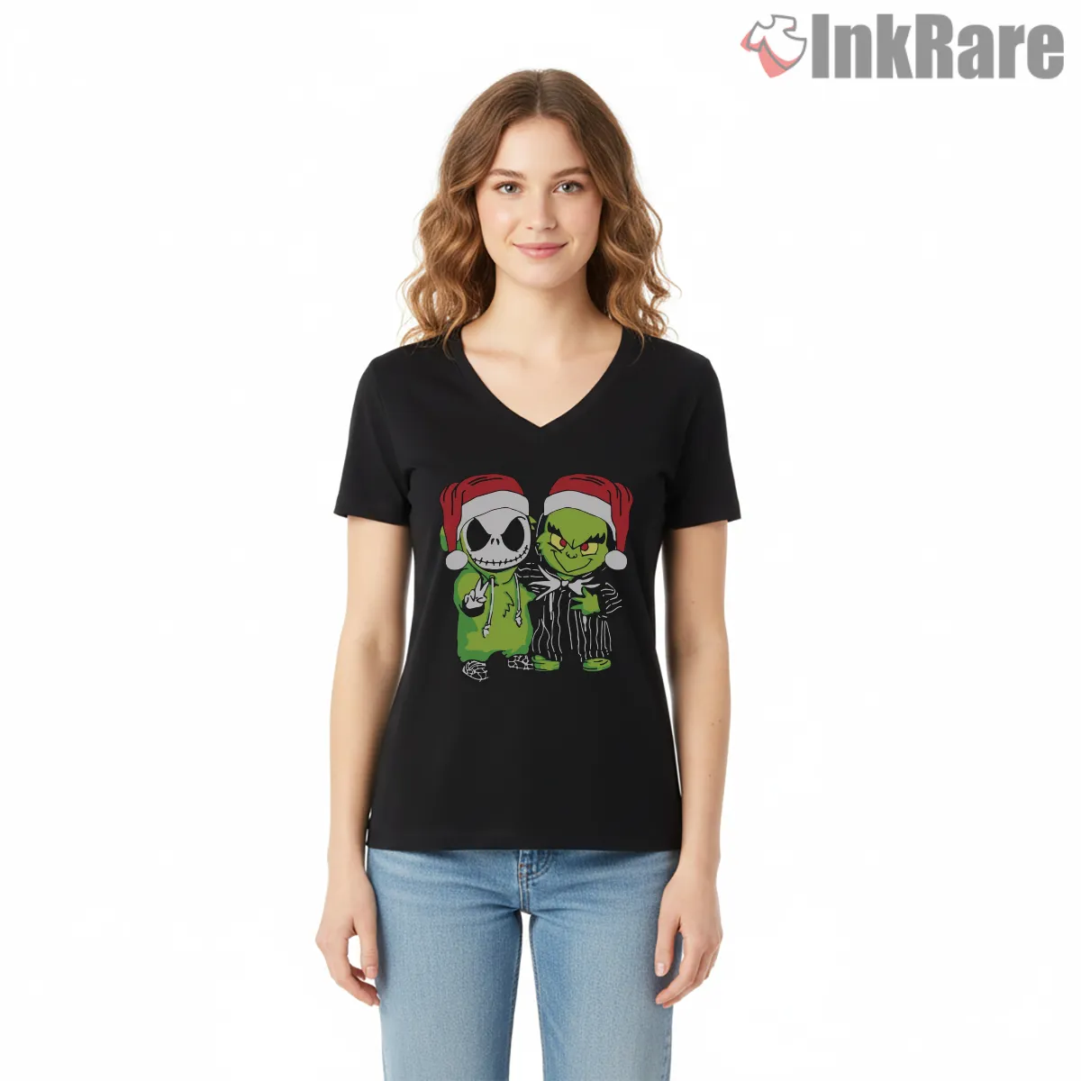 Nightmare Before Grinchmas Holiday Duo V Neck Black Nightmare Before Grinchmas Holiday Duo Shirt on black v-neck shirt for women graphic tee
