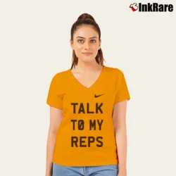 Women’s Nike Talk To My Reps Graphic Sports V-Neck Tee in orange | Chic Neckline, Soft Texture
