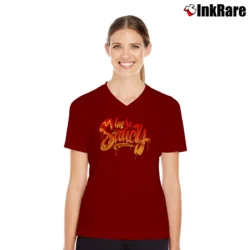 Women’s Nike Vapormax Sunset Orange Match V-Neck Tee in maroon | Chic Neckline, Soft Texture