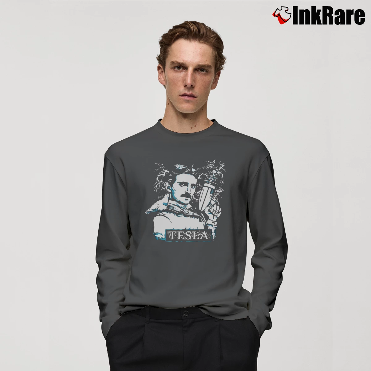 Men’s Nikola Tesla Electric Gun Funny Long-Sleeve Shirt in charcoal | Sleek, Lightweight, Year-Round Wear