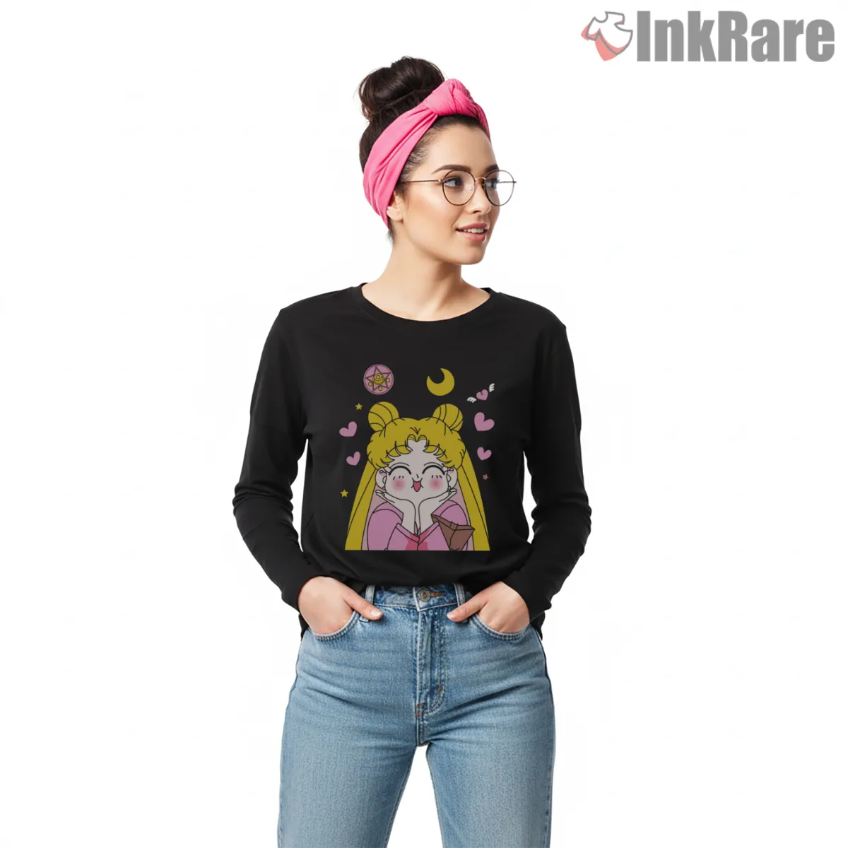 Nineties Anime Sailor Moon Retro Fan Long Sleeve Black Nineties Anime Sailor Moon Retro Fan Shirt on black long sleeve shirt for women graphic tee