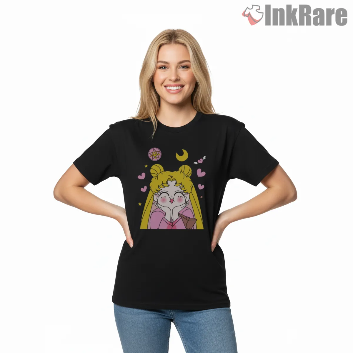 Nineties Anime Sailor Moon Retro Fan Short Sleeve Black Nineties Anime Sailor Moon Retro Fan Shirt on black short sleeve shirt for women graphic tee