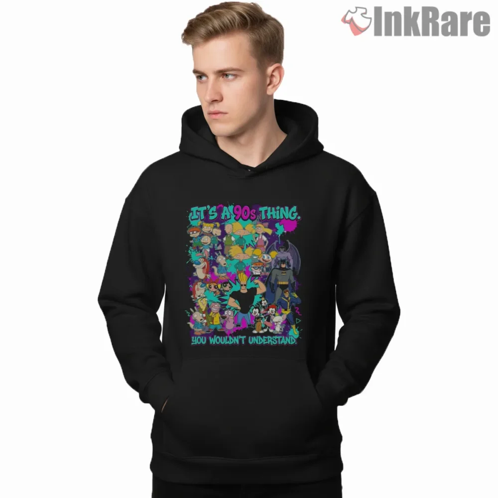 Nineties Cartoon Chaos Gotham Mashup Shirt on black hoodie for men graphic tee