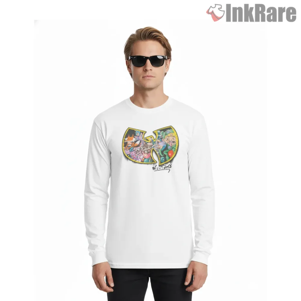 Nineties Cartoon Chaos Wu Tang Collage Shirt on white long sleeve shirt for men graphic tee