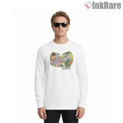 Nineties Cartoon Chaos Wu Tang Collage Shirt on white long sleeve shirt for men graphic tee