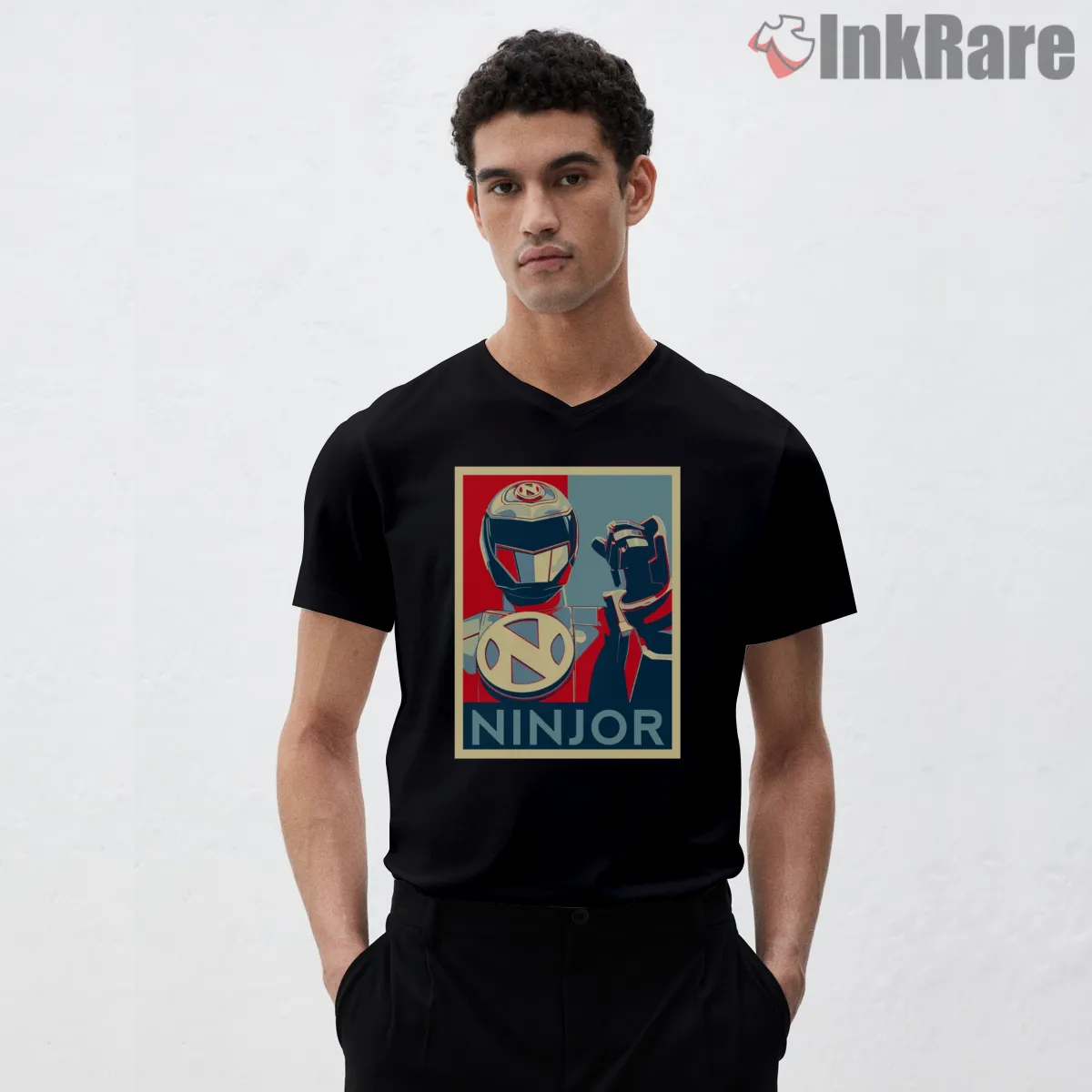 Ninjor Peace Symbol Retro Ranger Guardian V Neck Black Ninjor Peace Symbol Retro Ranger Guardian Shirt on black v-neck shirt for men graphic tee