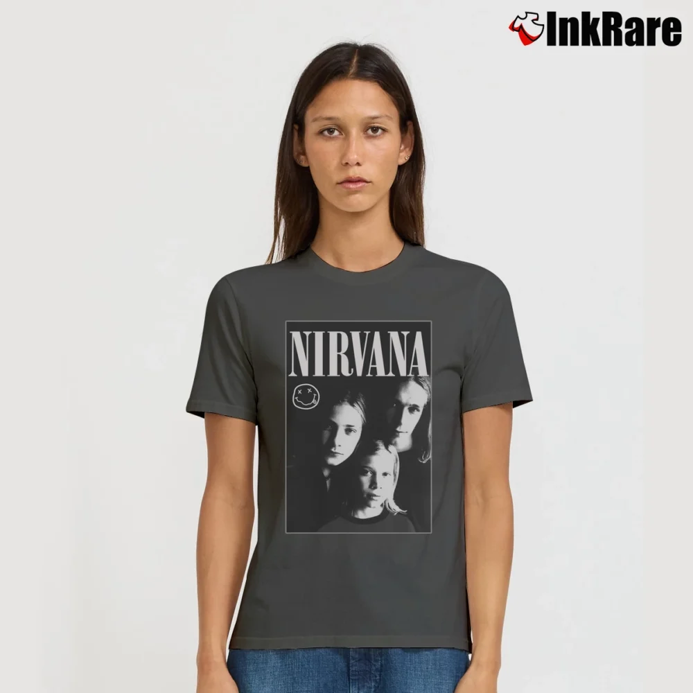 Women’s Nirvana Kurt Cobain Grunge Pop Signature T-Shirt in charcoal | Soft, Flattering Fit