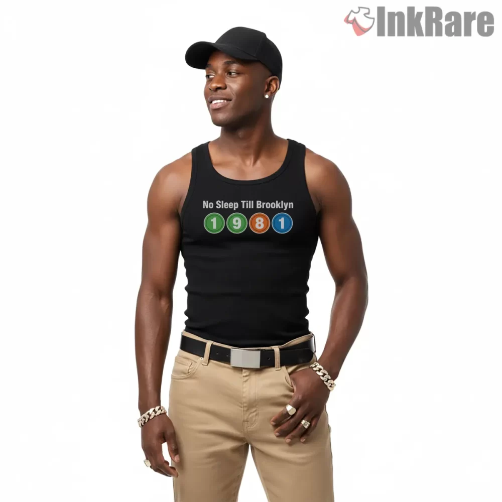 No Sleep Till Brooklyn 1981 Subway Tokens Shirt on black tank top for men graphic tee