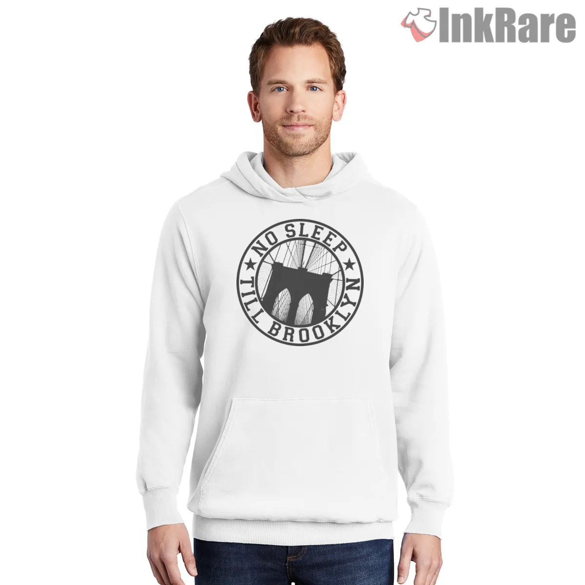No Sleep Till Brooklyn Bridge Monochrome Circle Shirt on white hoodie for men graphic tee